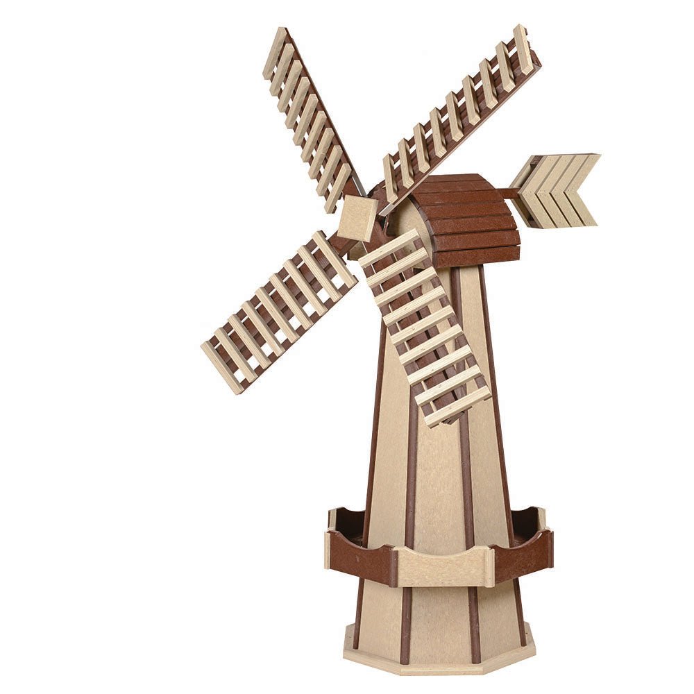 Medium 41 inch poly windmill in tan and cherry brown with slatted blades, arrow tail vane and open planter base
