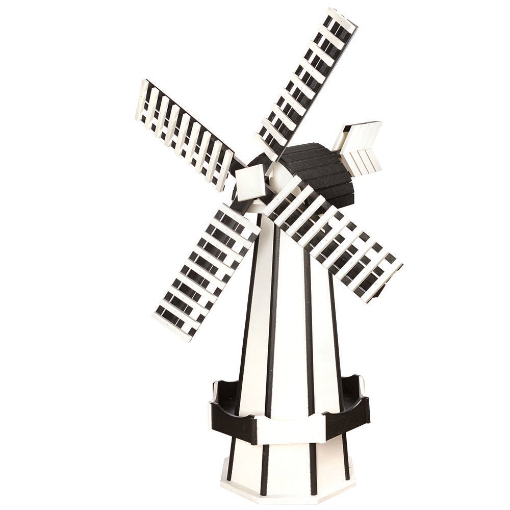 Black and white poly windmill with striped slatted blades, black roof cap, white arrow vane and black planter box trim