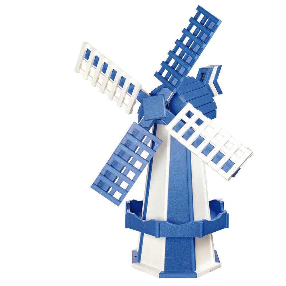 Blue and white poly windmill with broad slatted blades, blue roof cap, arrow tail vane and blue planter box trim