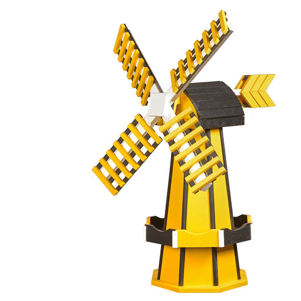 Yellow and black poly yard windmill with slatted blades, black roof cap, yellow arrow vane and black base trim