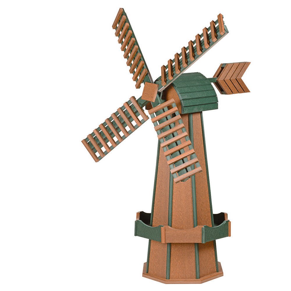 Cedar and turf green poly windmill with slatted blades, green cap and cedar arrow tail vane on a white background