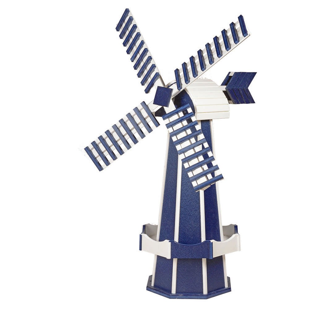 Navy blue and white poly windmill with slatted blades, white roof cap, blue arrow vane and white planter box trim