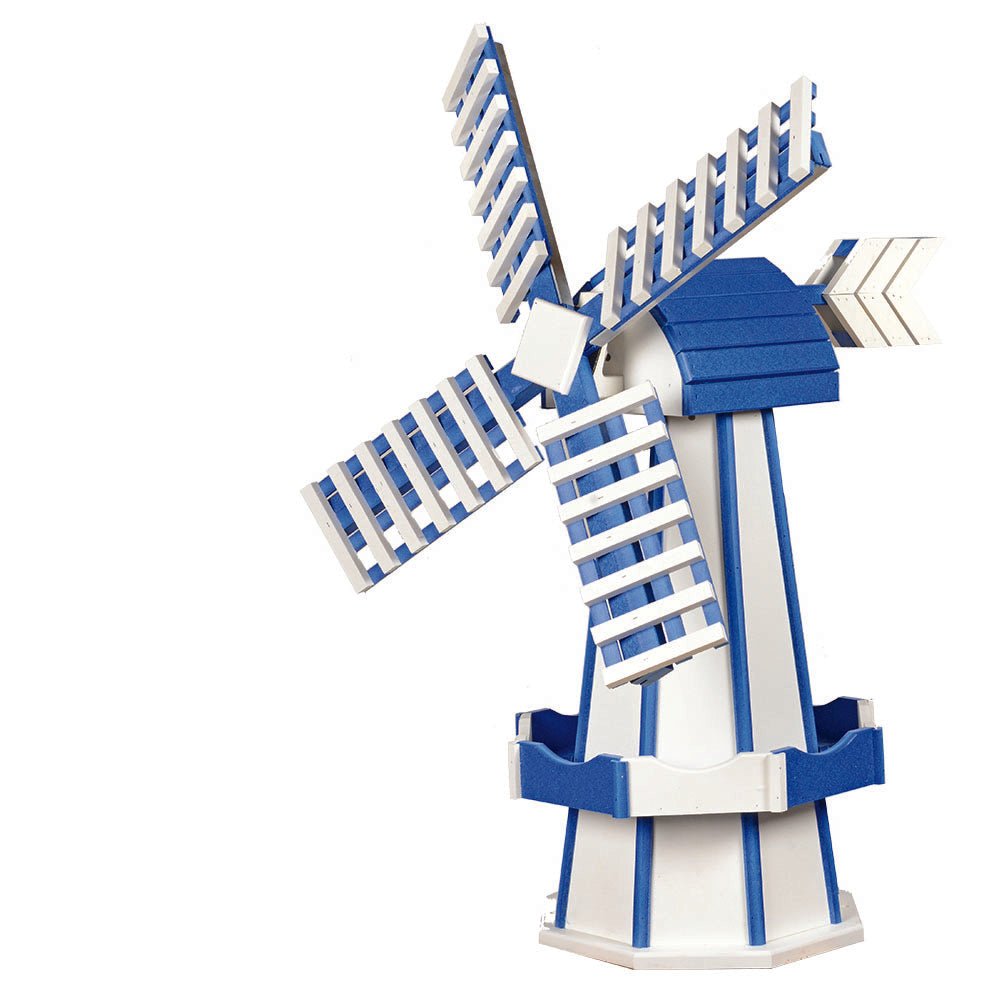 Bright blue and white poly windmill with slatted blades, blue cap, chevron arrow vane and white octagonal base