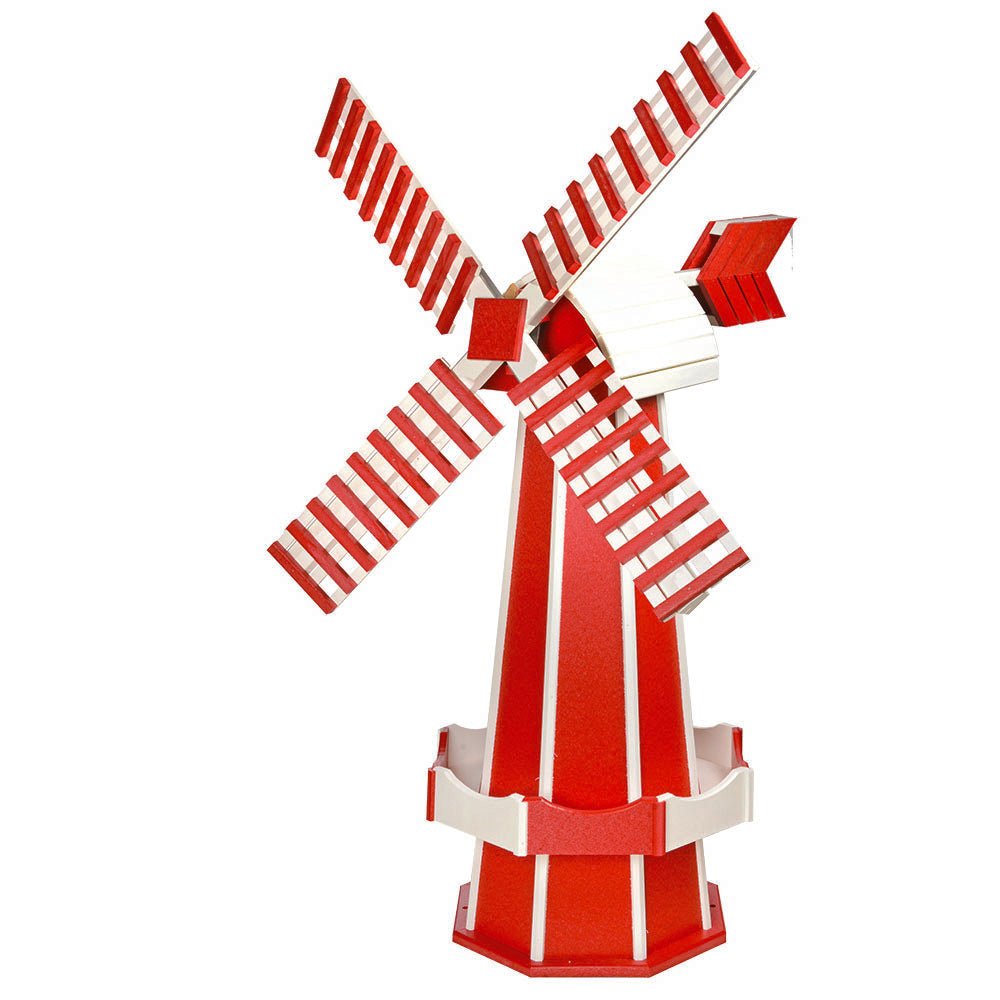 Red and white poly windmill with slatted blades, white cap, red arrow tail vane and white-trimmed planter box base