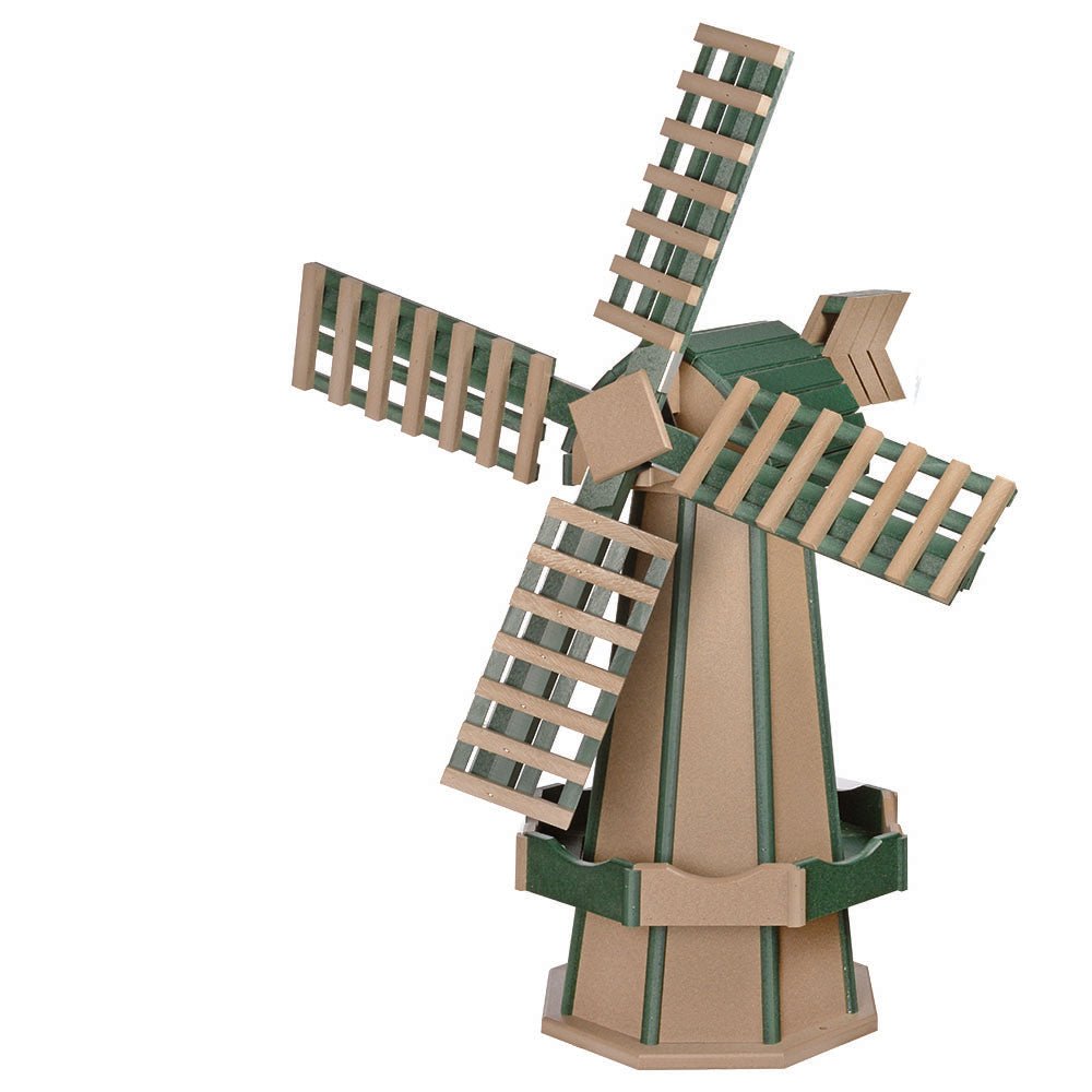 Weatherwood and green poly windmill with two-tone slatted blades, green cap, tan arrow vane and green striped base