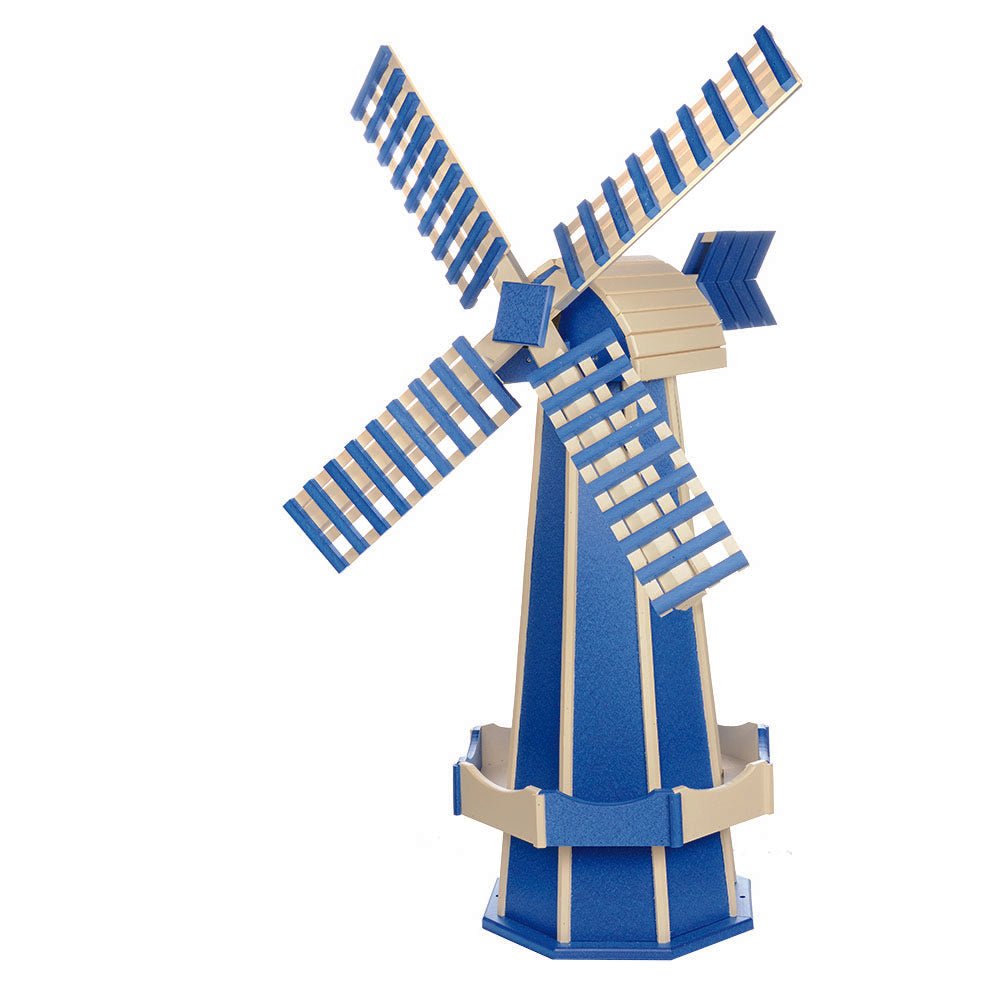 Bright blue and ivory poly windmill with slatted blades, tan roof cap, blue arrow vane and octagonal base, on white