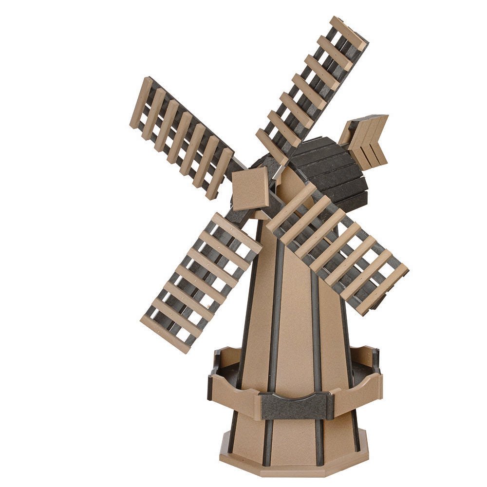 Weatherwood tan poly windmill with black cap and black-slatted blades, tan arrow tail vane and black planter trim