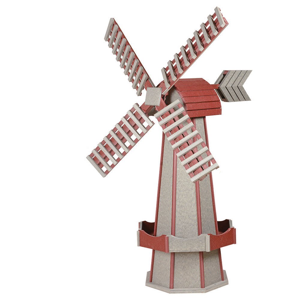 Driftwood gray poly windmill with cherry red cap and blade edging, gray arrow tail vane and red planter box trim