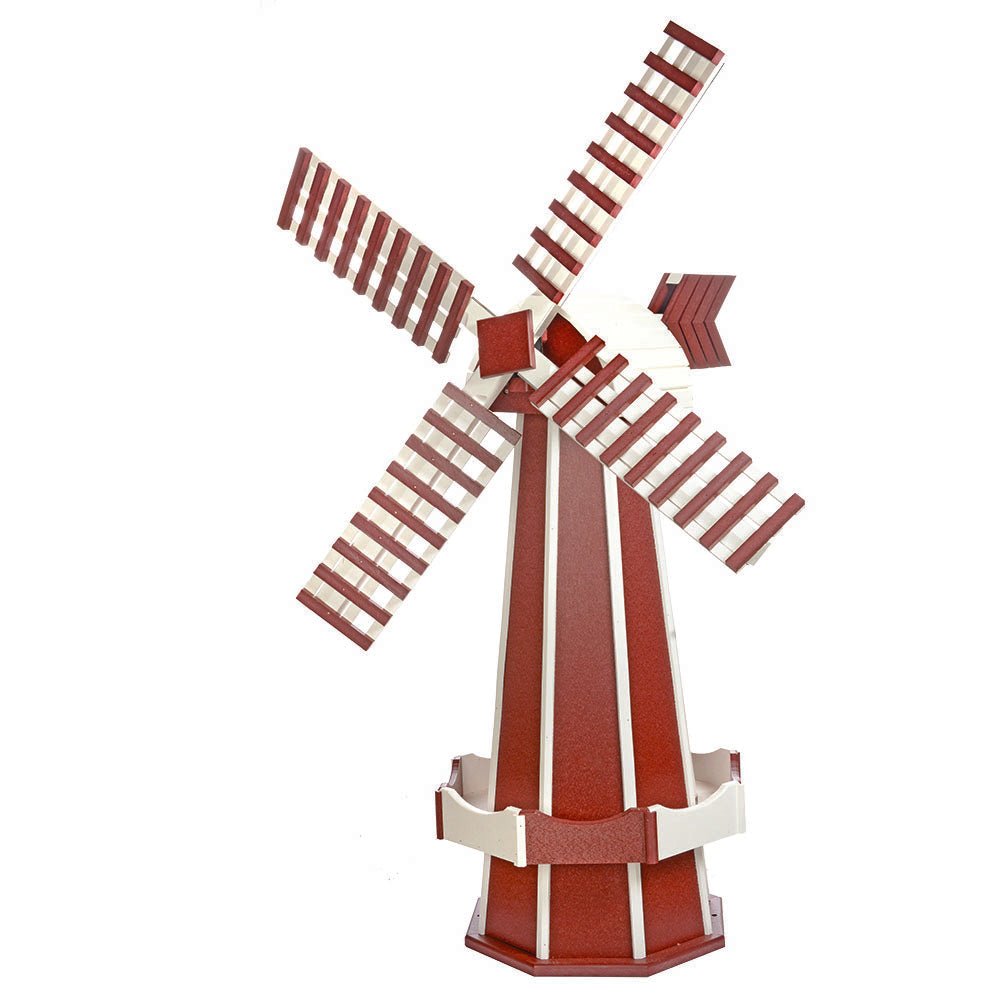 Red and white poly windmill with alternating slats on the blades, white cap, arrow vane and white base trim ring