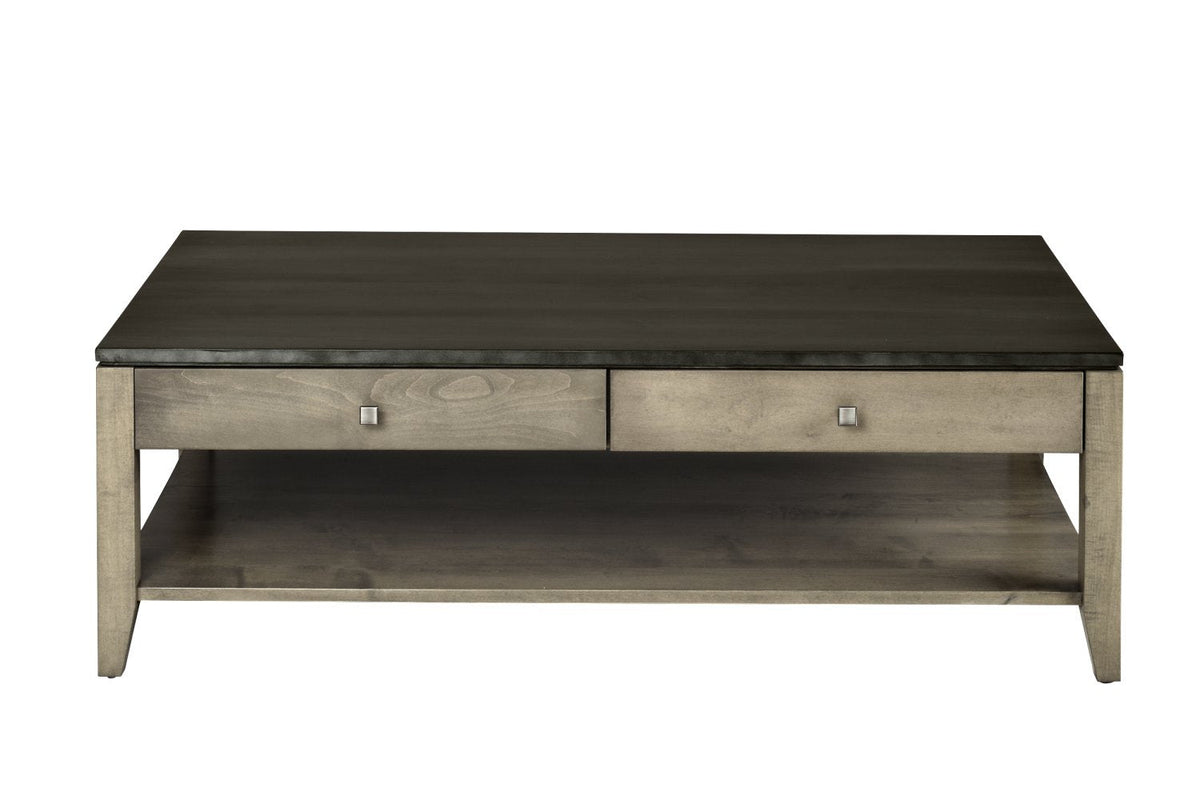 Rectangular coffee table with a charcoal top, two drawers with square nickel knobs, taupe legs and bottom shelf