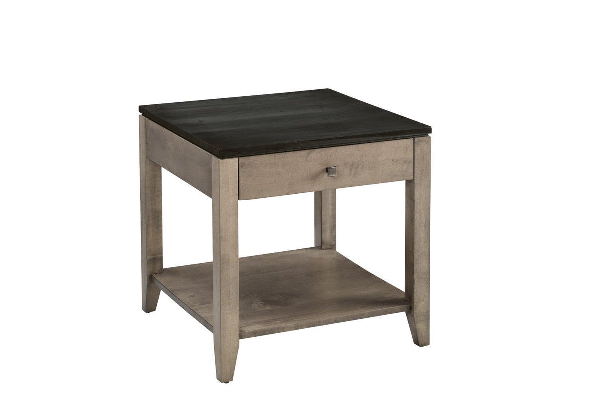 Square end table with a dark gray top, taupe maple legs, one drawer with a nickel knob and a lower display shelf
