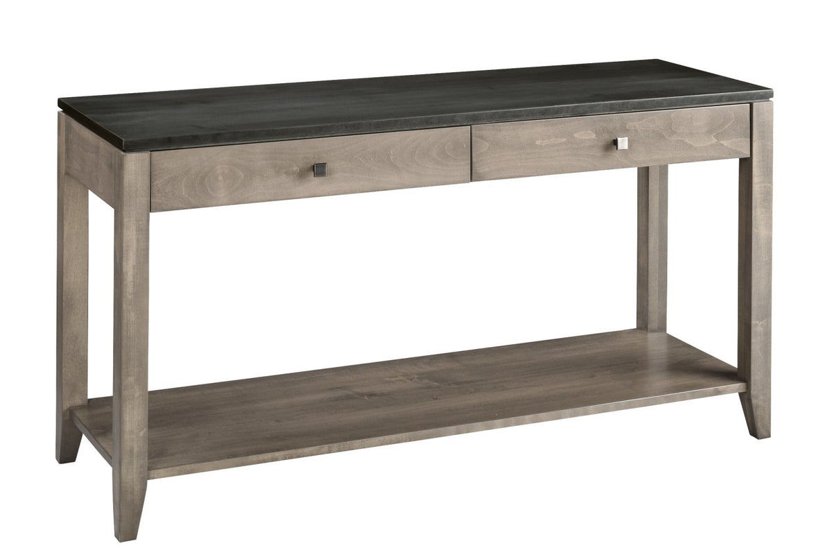 Two drawer console table with a charcoal gray top, weathered taupe maple base, lower shelf and square nickel knobs