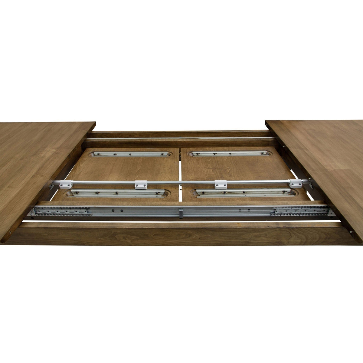 Close view of the butterfly leaf mechanism and steel glide rails inside an expandable walnut dining table