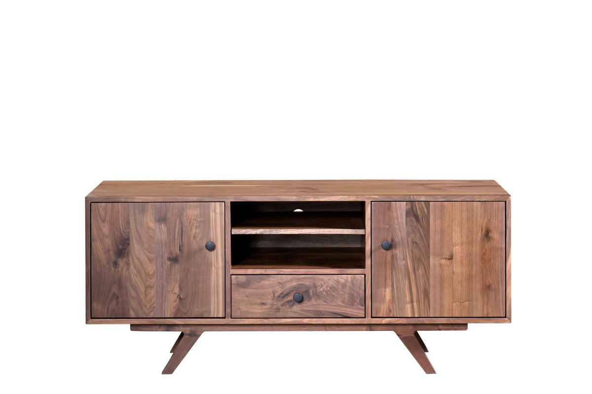 Front view of the walnut tv stand showing black round knobs, two open component shelves and crossed splayed legs