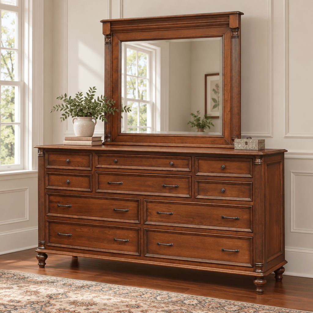 Amish Milano 10-Drawer Triple Dresser shown in the bedroom of a traditional colonial home