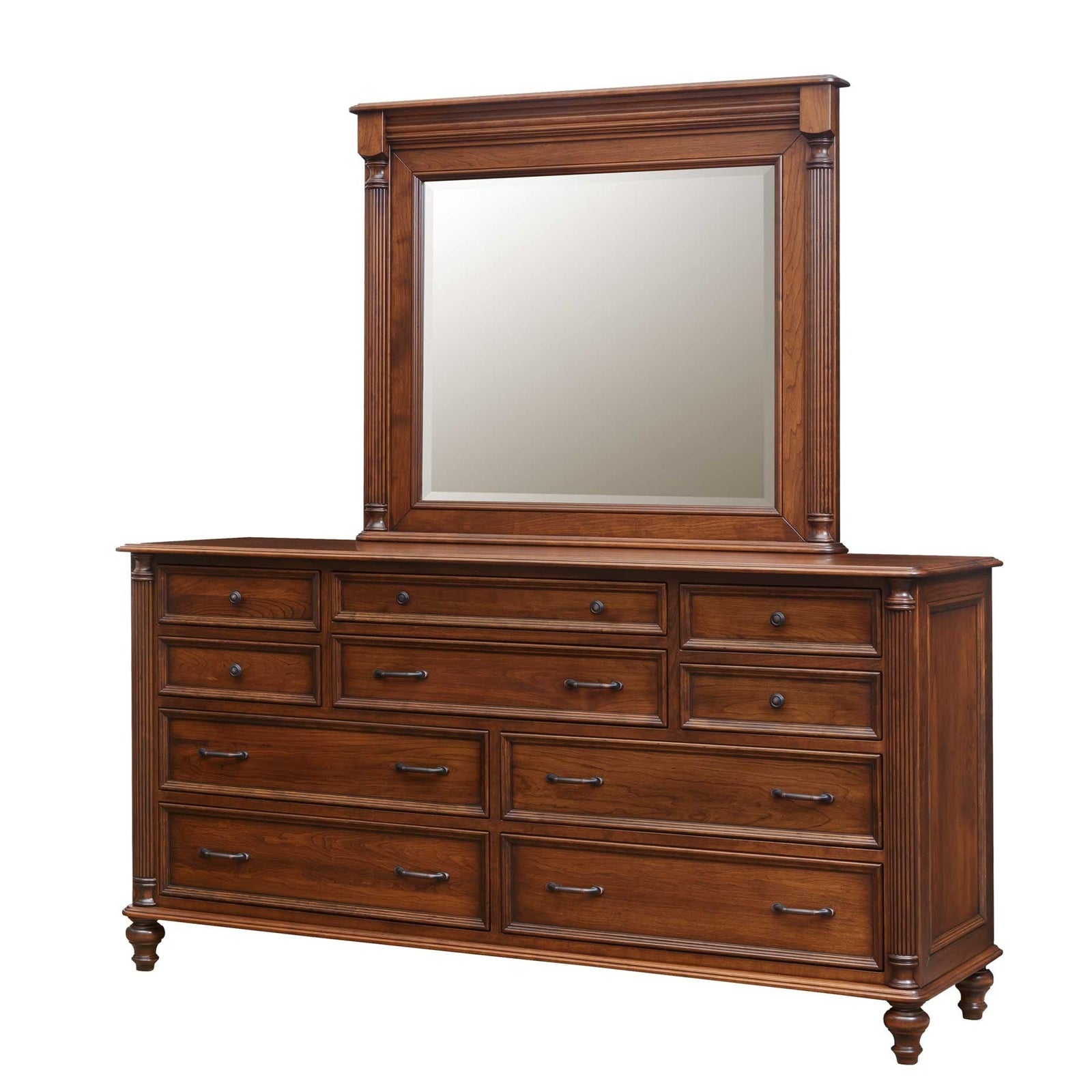 Cherry bedroom set with a panel storage bed, four-drawer nightstand and ten-drawer dresser with mirror