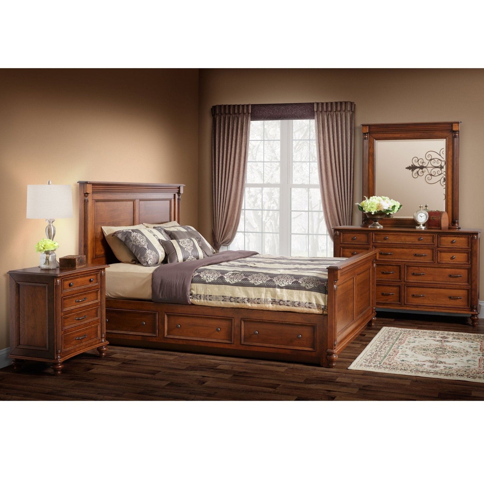 Cherry bedroom set with a panel storage bed, four-drawer nightstand and ten-drawer dresser with mirror