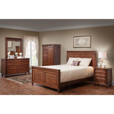 Cherry Milano bedroom set staged with panel bed, mirrored dresser, tall gentleman's chest and nightstand in a tan bedroom