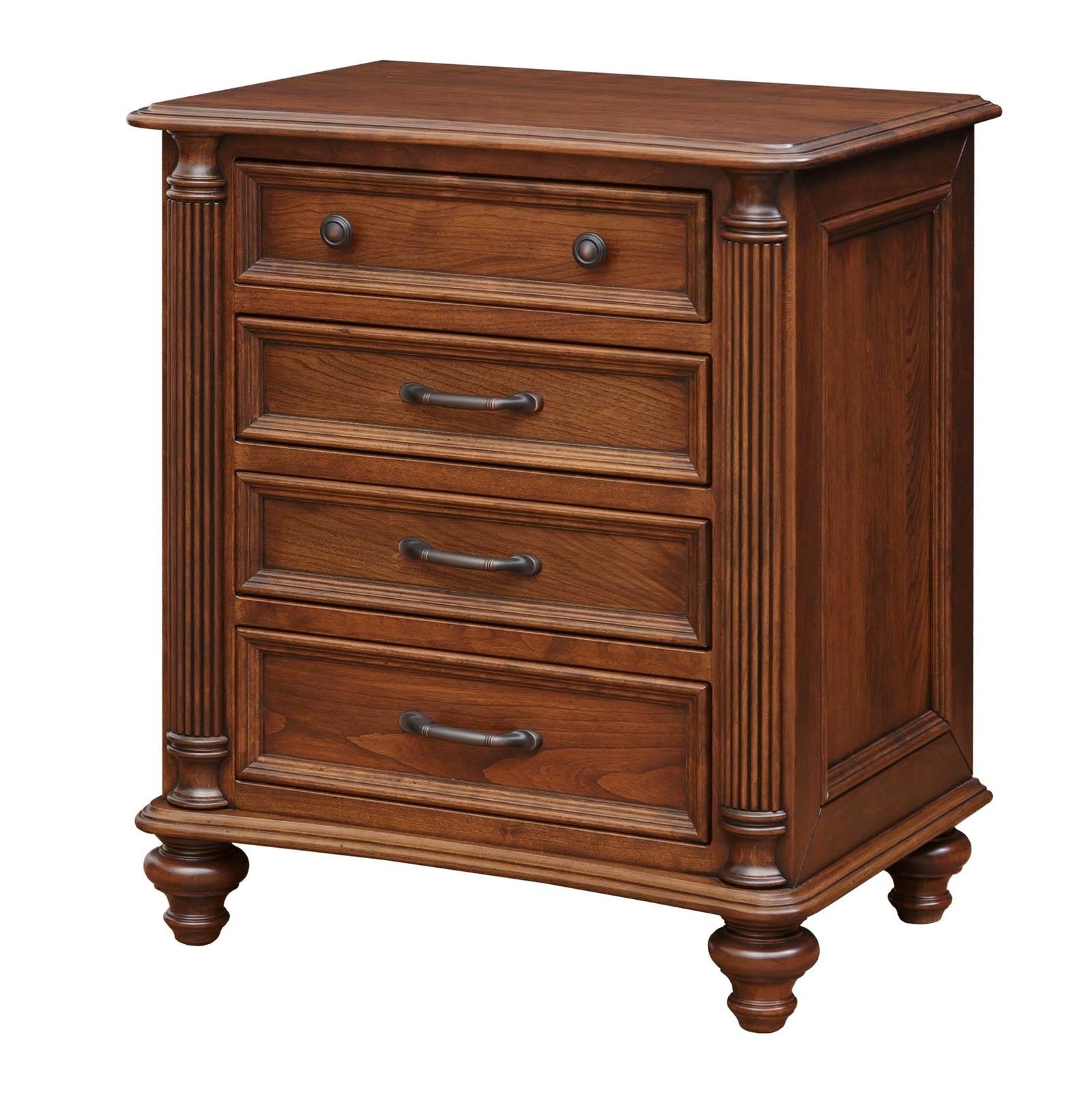 Cherry Milano bedroom set staged with panel bed, mirrored dresser, tall gentleman's chest and nightstand in a tan bedroom