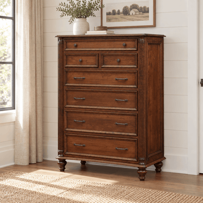 Amish Milano Chest of 7 Drawers shown in the bedroom of a modern farmhouse home