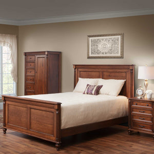 Cherry Milano panel bed with tall gentleman's chest and nightstand in a warm styled bedroom with framed wall art