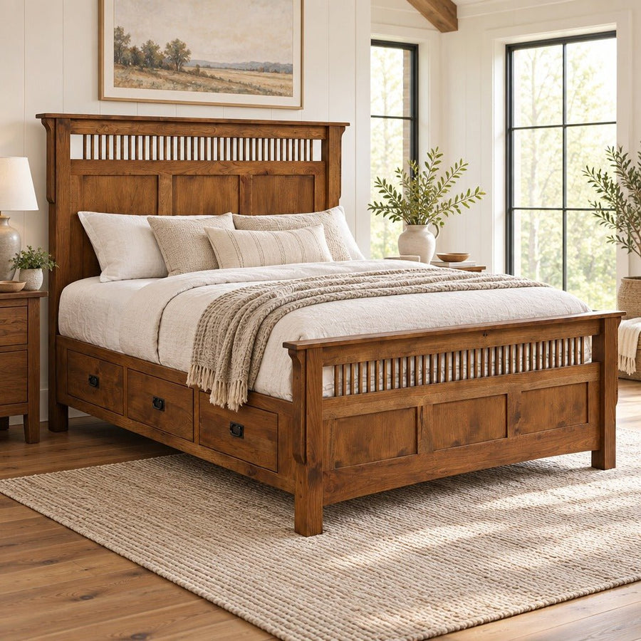 Amish Millersburg Mission Style Solid Wood Raised Platform Bed with 6 Drawers