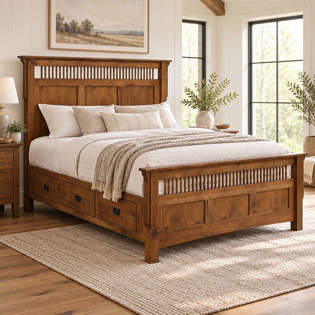 Amish Millersburg Mission Style Solid Wood Raised Platform Bed with 6 Drawers