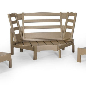 Tan poly corner wedge piece for a modular patio sectional with ladder back slats and slatted seat, on white