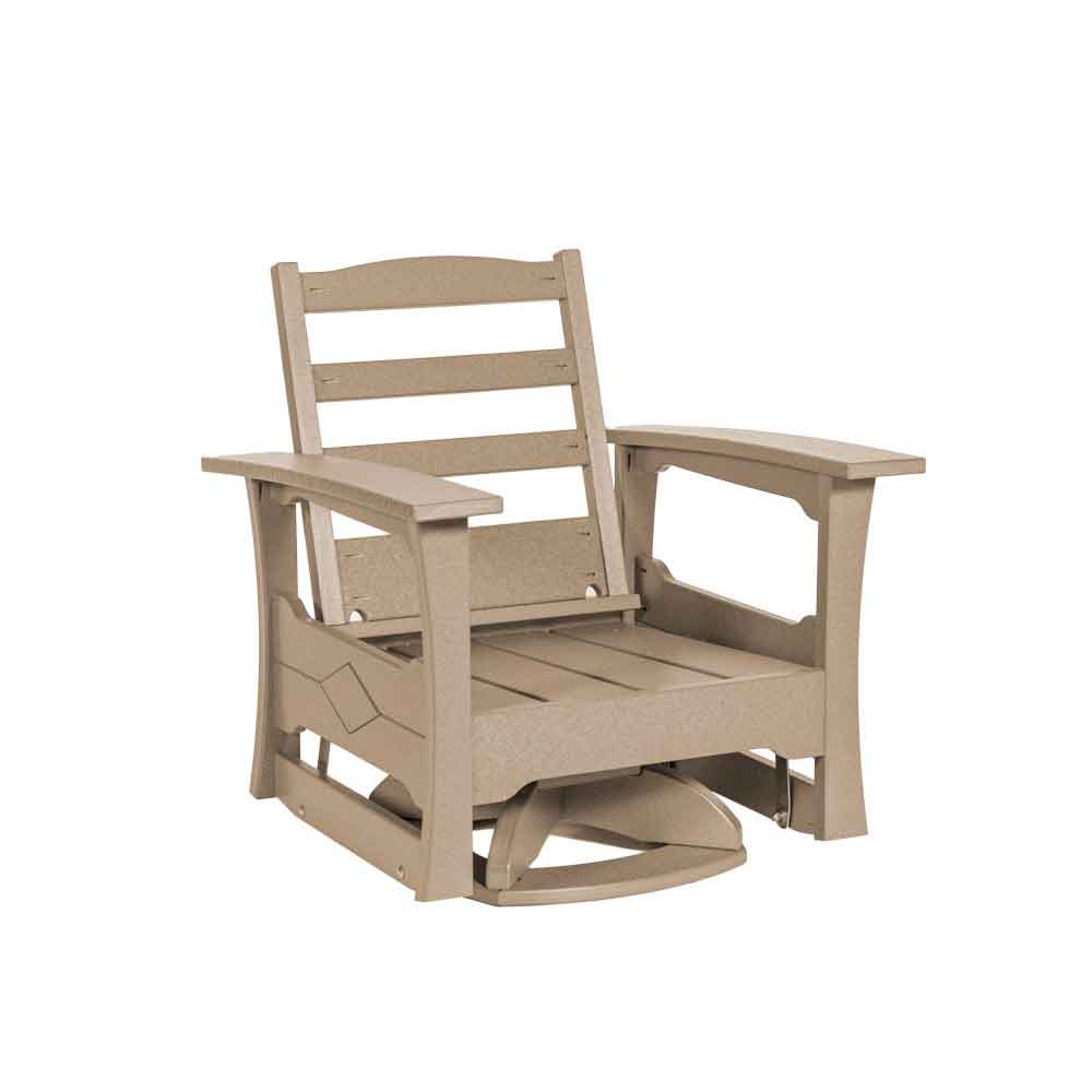 Weathered tan poly swivel glider chair with ladder back, flat arms and curved gliding base on a white background