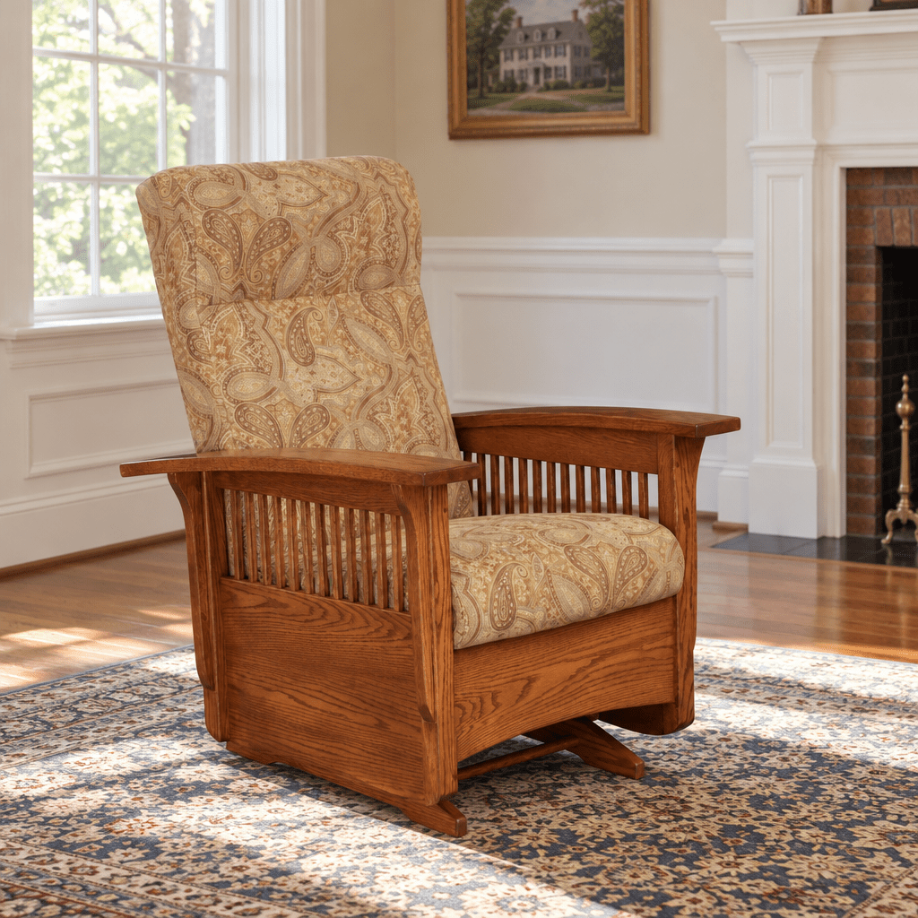 Amish Mission Cushion Glider Chair shown in the living room of a traditional colonial home