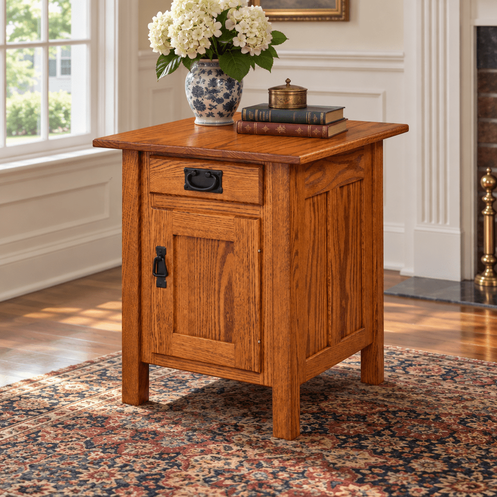 Amish Mission End Table with Door shown in the living room of a traditional colonial home