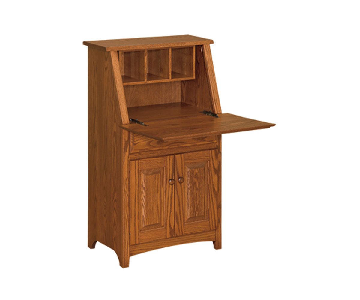 Oak secretary desk shown with the drop front open, revealing three cubby organizers over a writing surface and lower doors