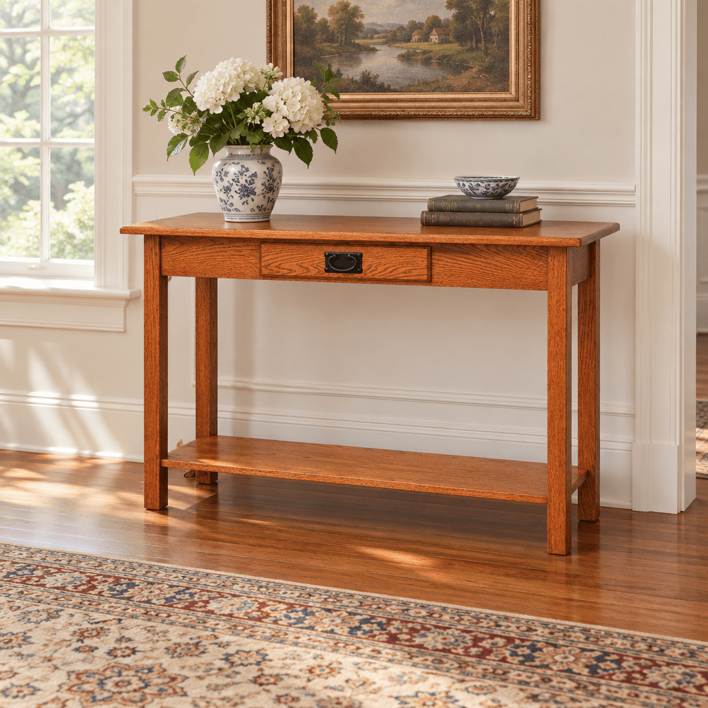 Amish Mission Sofa Table shown in the living room of a traditional colonial home