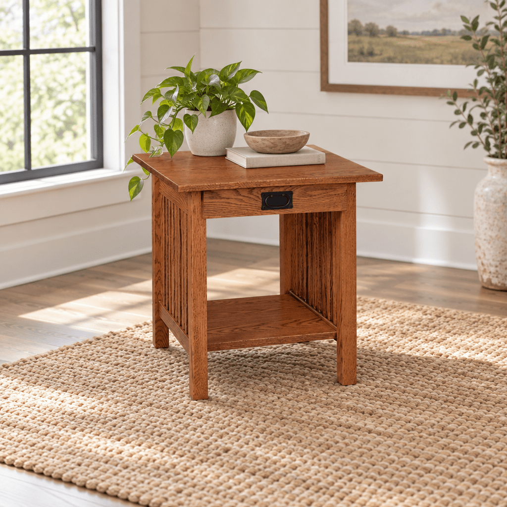 Amish Mission Solid Wood End Table with Drawer shown in the living room of a modern farmhouse home