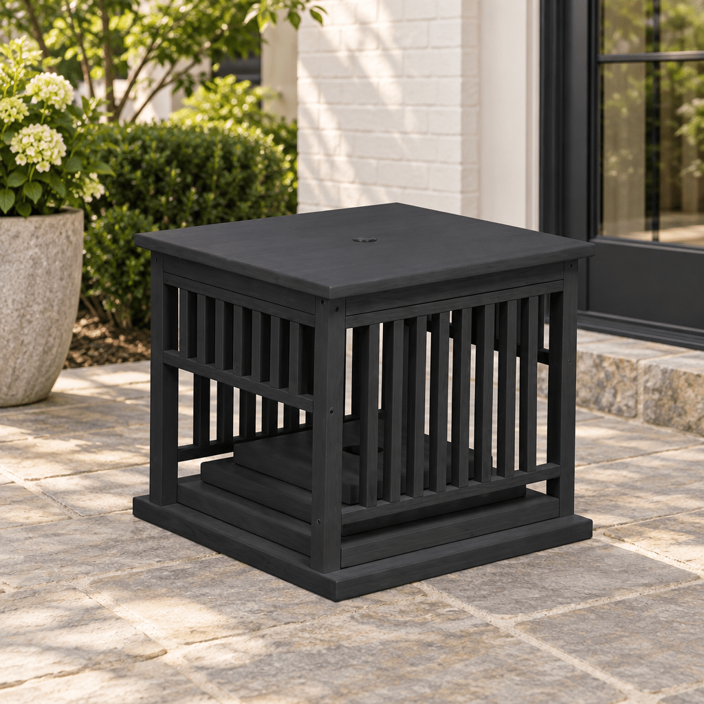 Amish Mission Umbrella Poly Patio Stand shown in the back patio of a transitional home