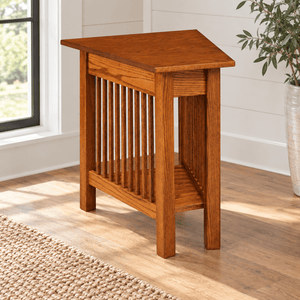 Amish Mission Wedge End Table shown in the living room of a modern farmhouse home