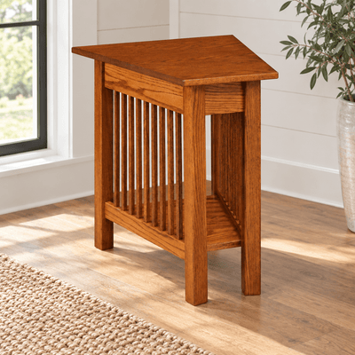 Amish Mission Wedge End Table shown in the living room of a modern farmhouse home