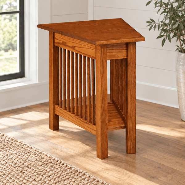 Amish Mission Wedge End Table shown in the living room of a modern farmhouse home