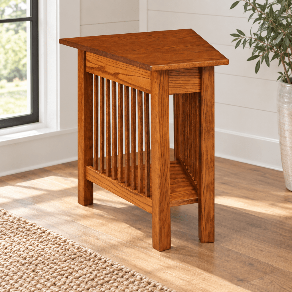 Amish Mission Wedge End Table shown in the living room of a modern farmhouse home