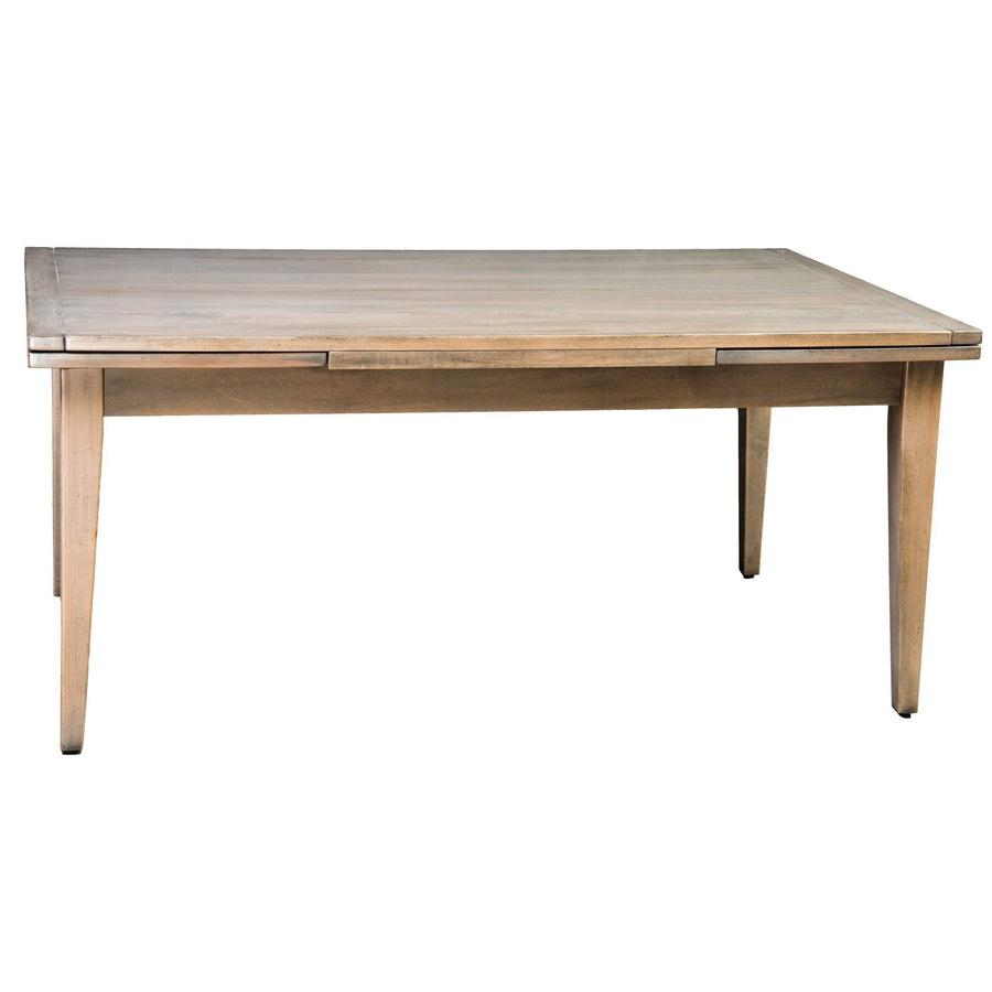 Rectangular draw leaf dining table in a light gray wash finish with tapered legs on a white background