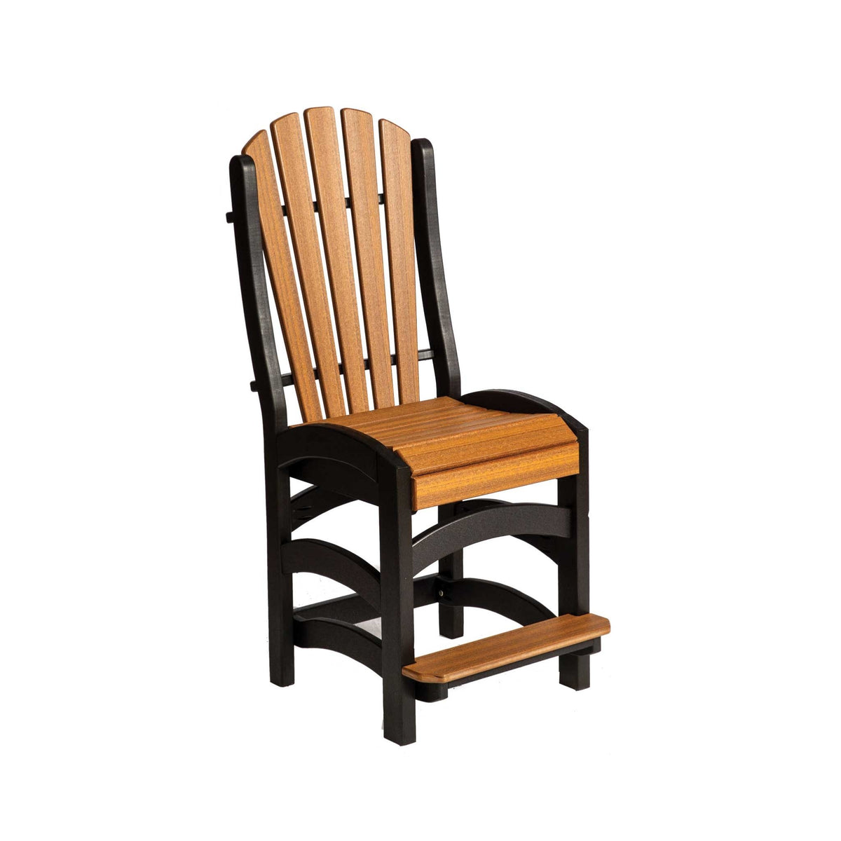 Counter height poly chair with fan-shaped cedar back slats, black frame, curved seat and cedar footrest board