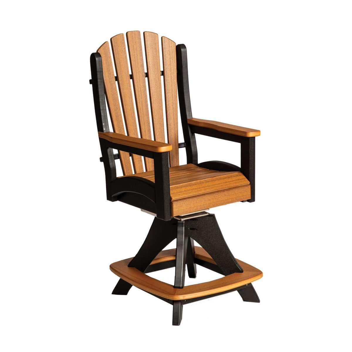 Poly counter height swivel chair with arms, cedar fan back, black base and cedar footring on a white background