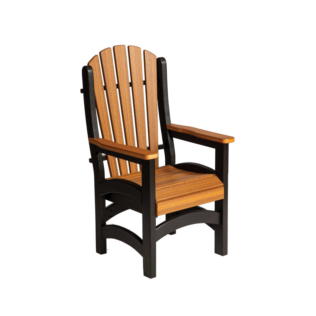 Cedar and black poly dining chair with arms, fan-back slats and curved seat front on a white background
