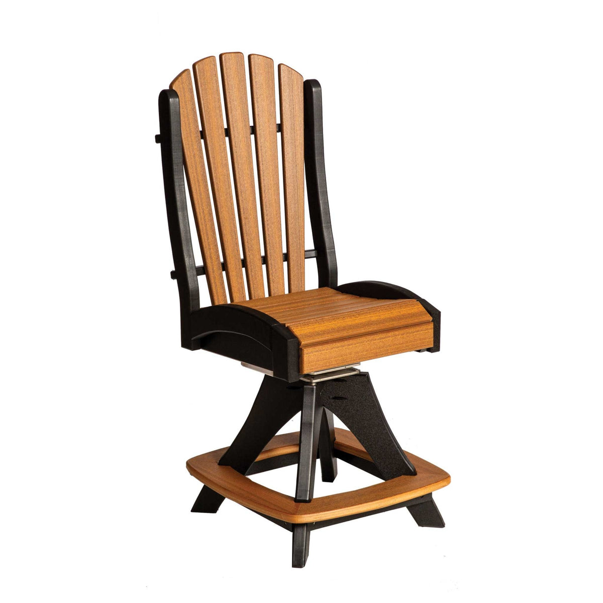 Counter height poly swivel chair without arms, cedar fan back and seat over a black swivel base with footring