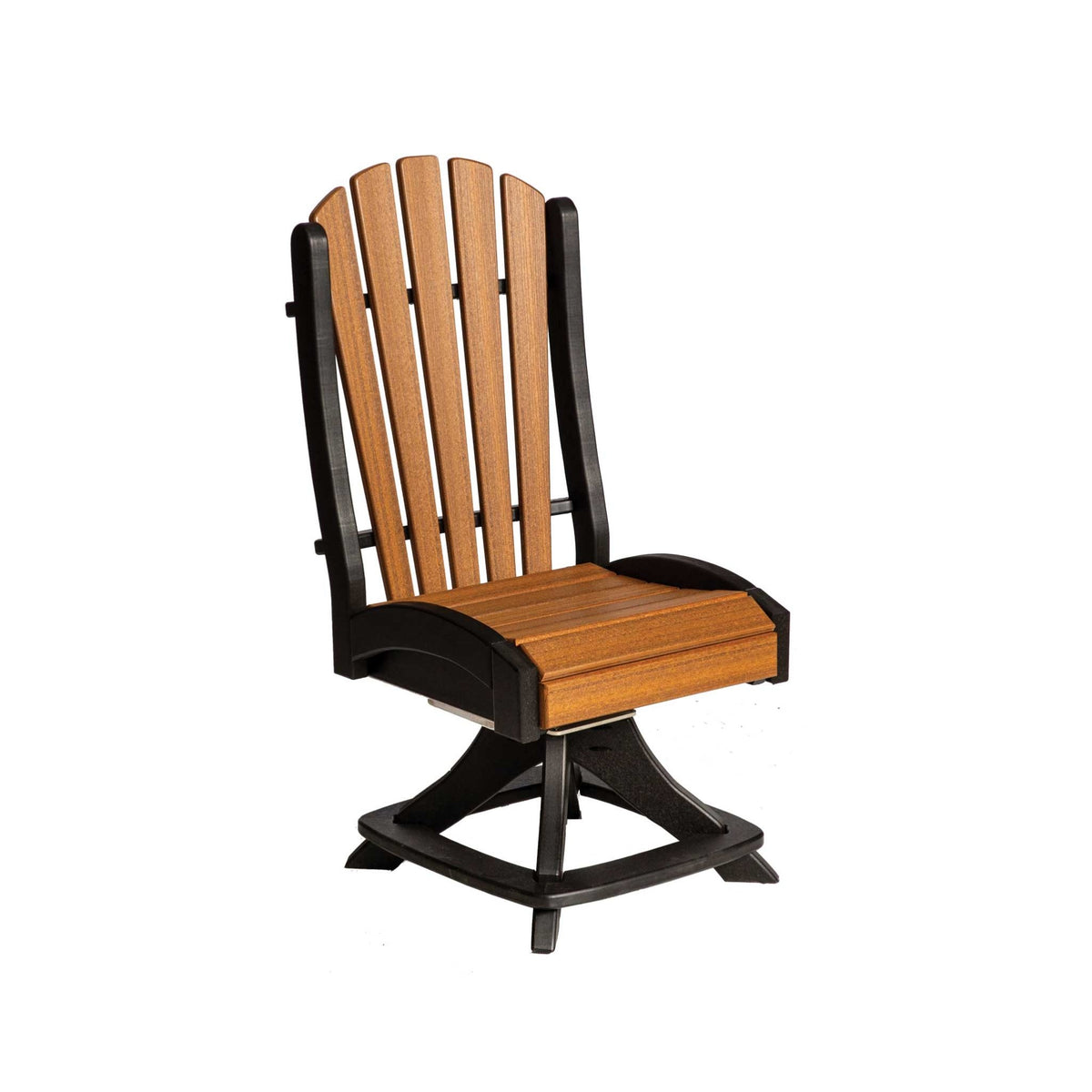 Armless poly swivel dining chair with cedar fan-shaped back, contoured seat and black cross swivel base