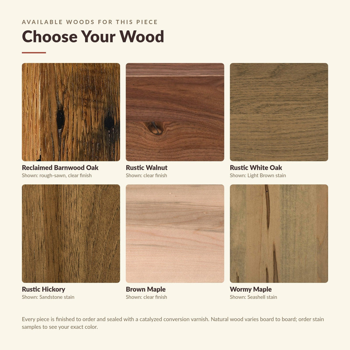 Available wood species close-up: reclaimed barnwood oak, rustic walnut, rustic white oak, rustic hickory, brown maple, wormy maple