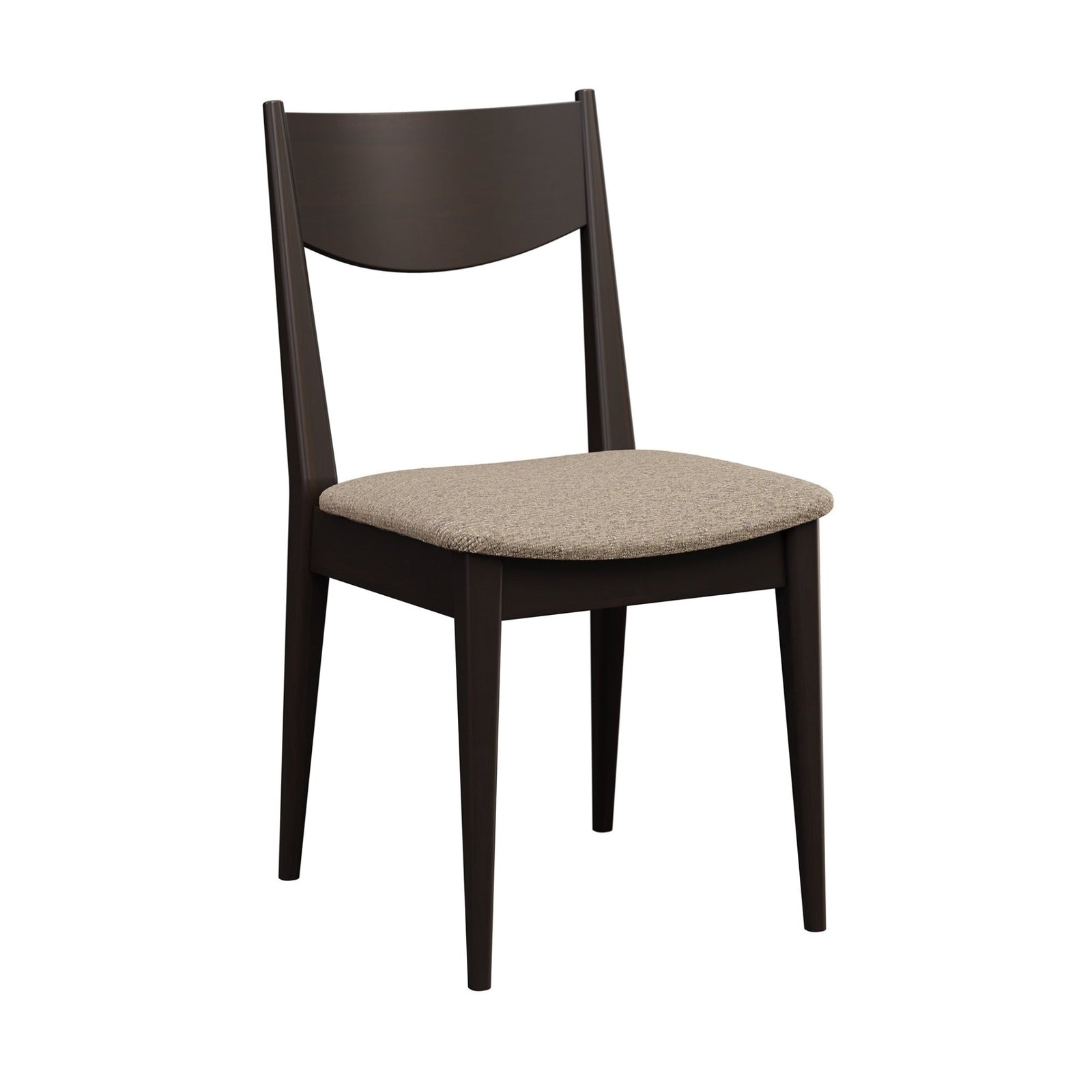Dark espresso dining side chair with a curved solid back panel and beige boucle seat on a white background