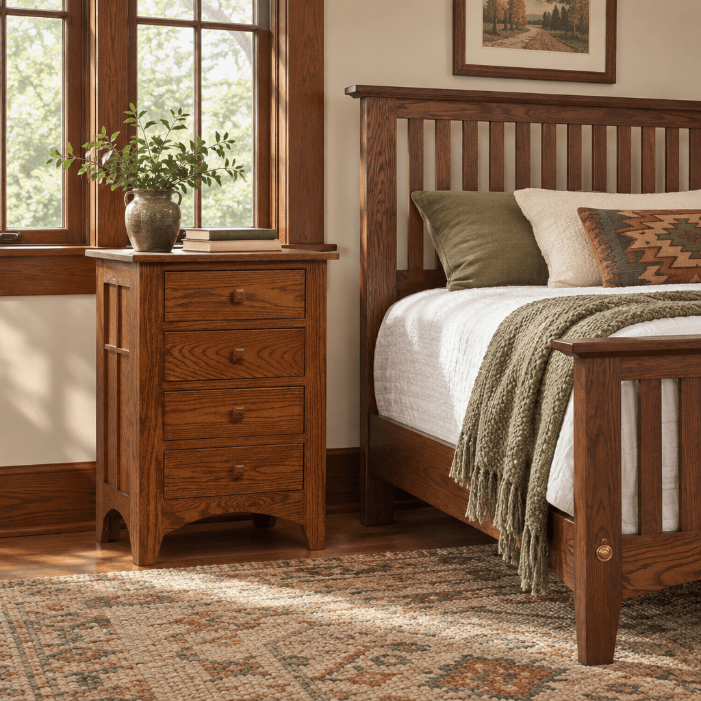 Amish Morris Plains Mission 4-Drawer Bedside Chest shown in the bedroom of a craftsman bungalow home
