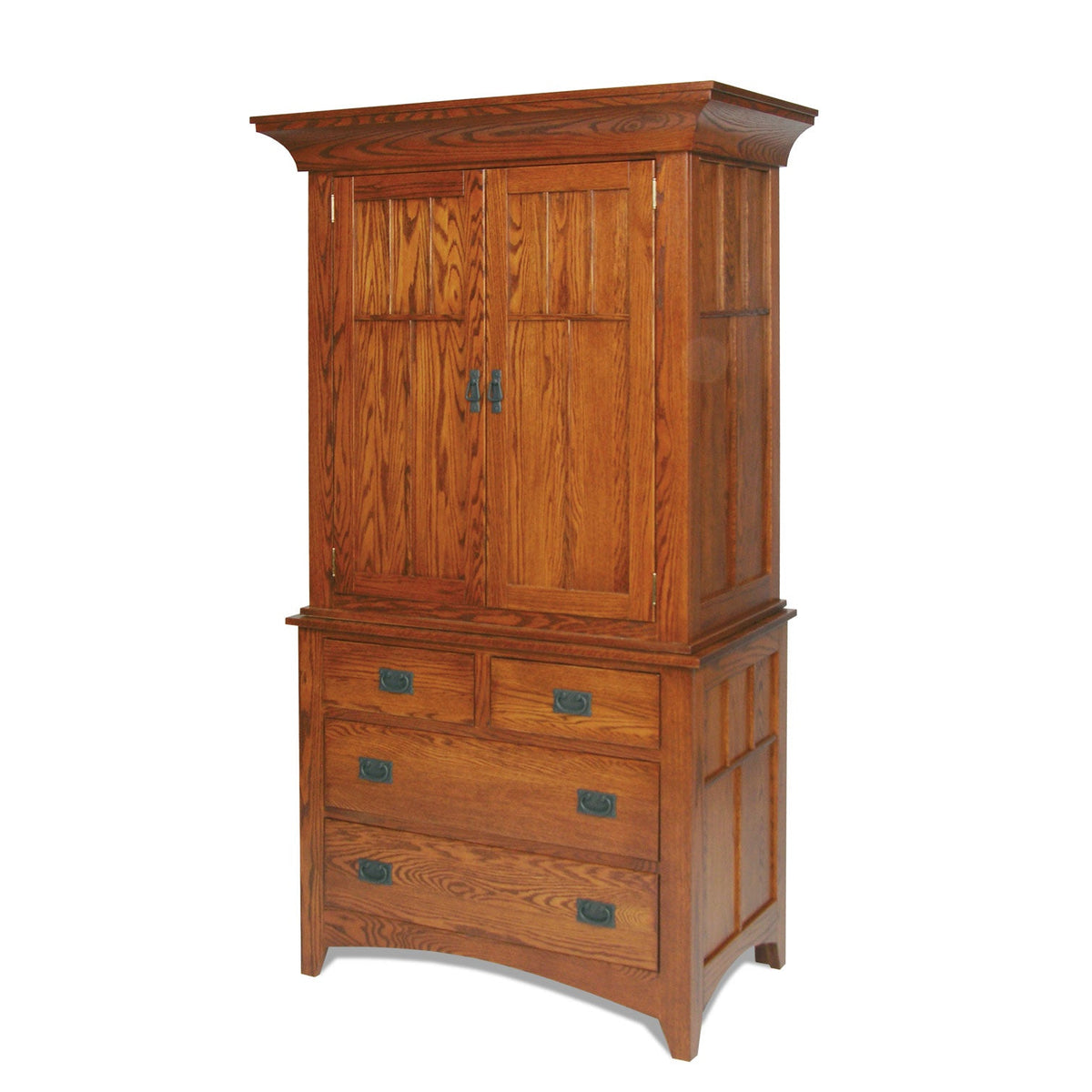 Mission oak armoire with two paneled doors over four drawers, black bail pulls and an arched apron base