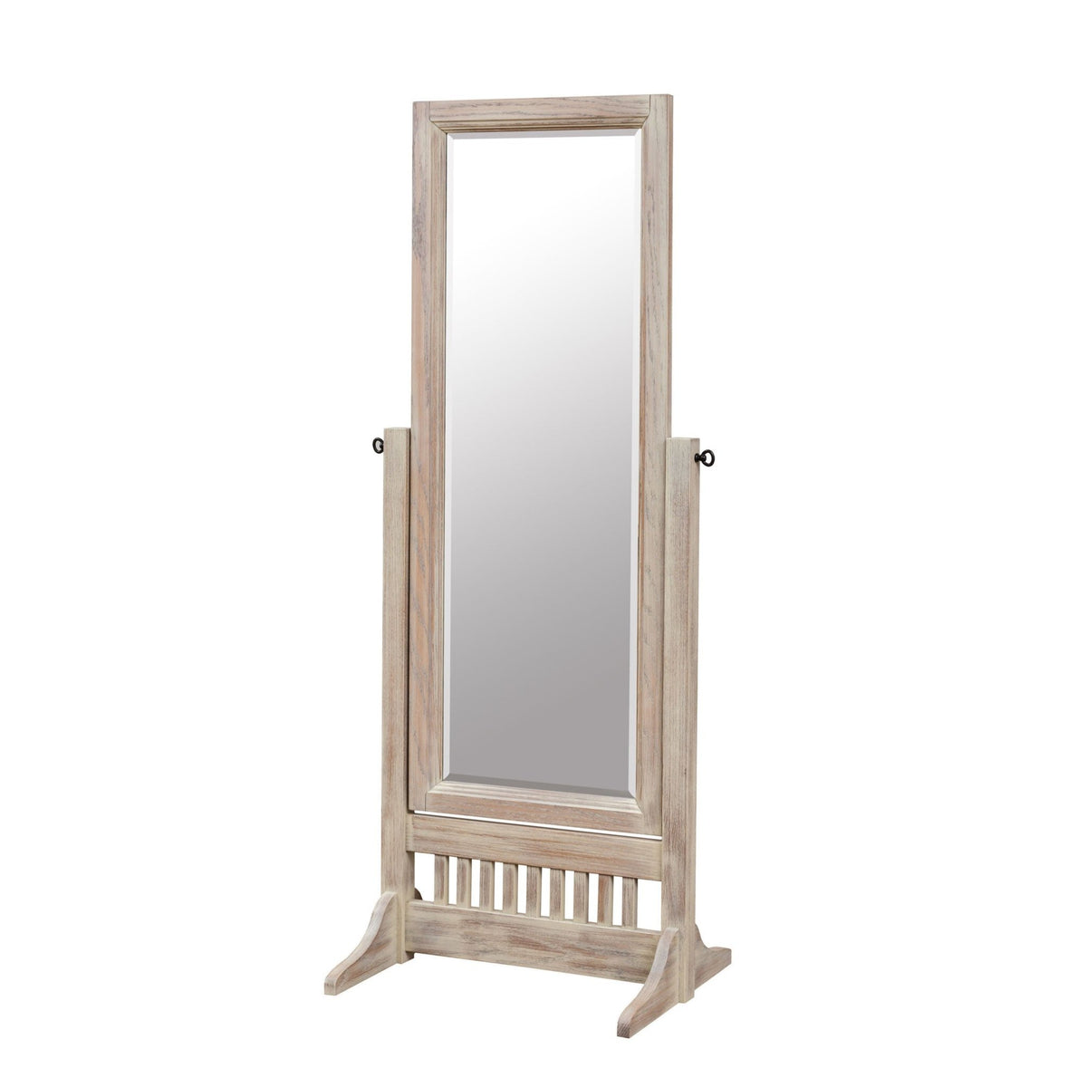 Whitewashed Mission cheval mirror with a tall beveled glass panel, slatted rail and trestle base on a white background